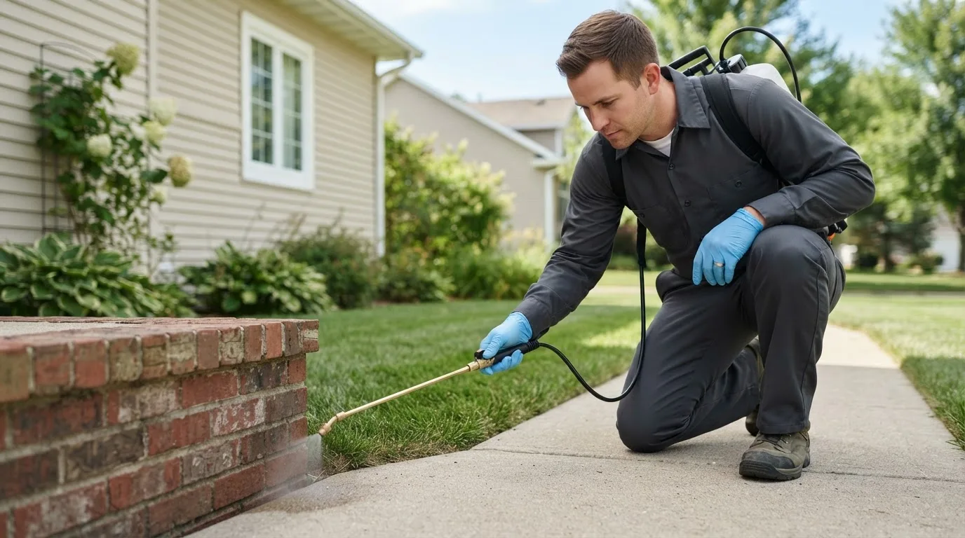 Pest control technician treating a home near Malden, MO